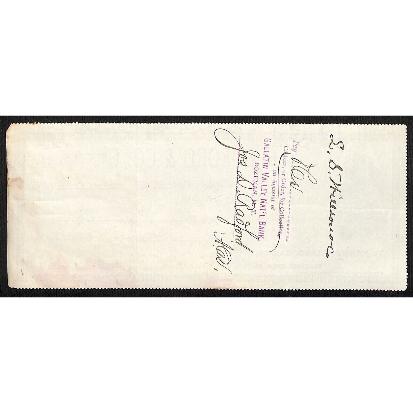 1888 Henry Elling Virginia City Montana Territory S.R. Buford Grocers Check #199