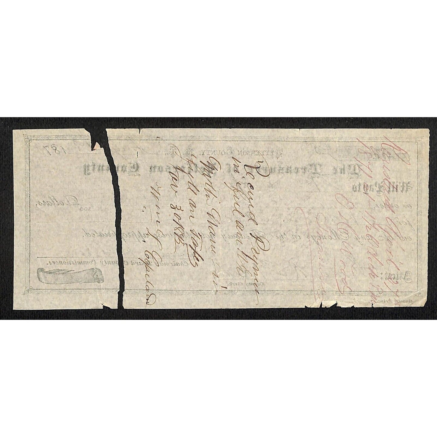 1870 Treasurer of Jefferson County Montana Territory Treasury Draft w/ Damage