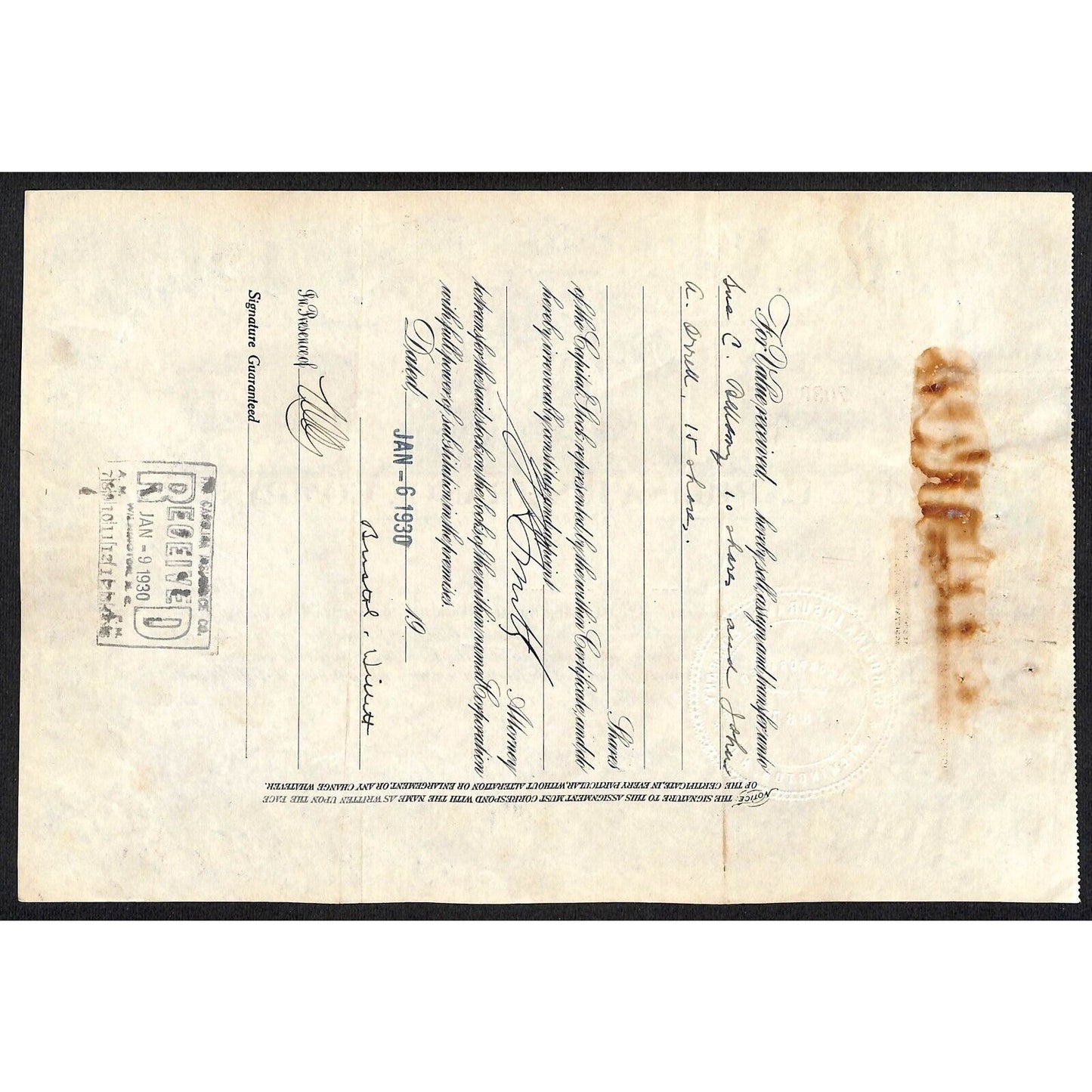 Carolina Insurance Co. Wilmington, NC 1929 Stock Certificate Bristol & Willett