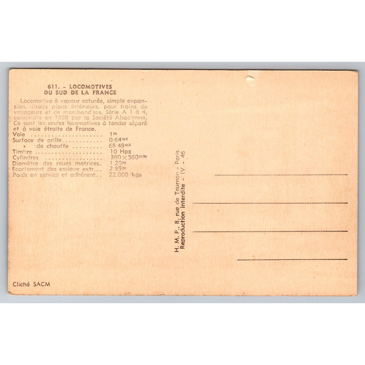 French Railroad RPPC* Postcard Locomotive Series A 1-4 c1900 H.M.P.