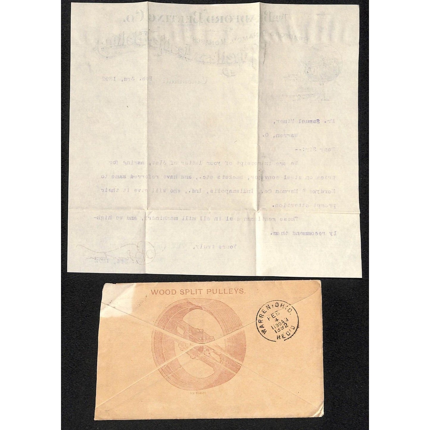 Bradford Belting Co. "Rivetless Leather" Cincinnati 1892 Letterhead & Cover VGC
