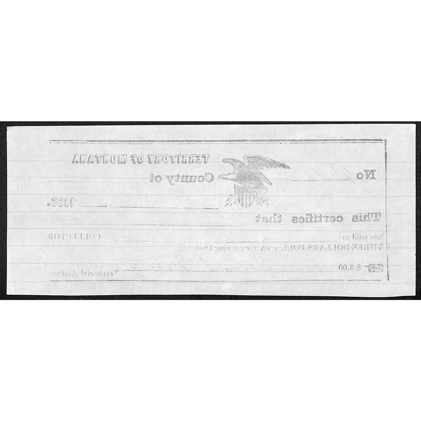 1865 Territory of Montana $3 Poll Tax Receipt #6642 VGC Scarce