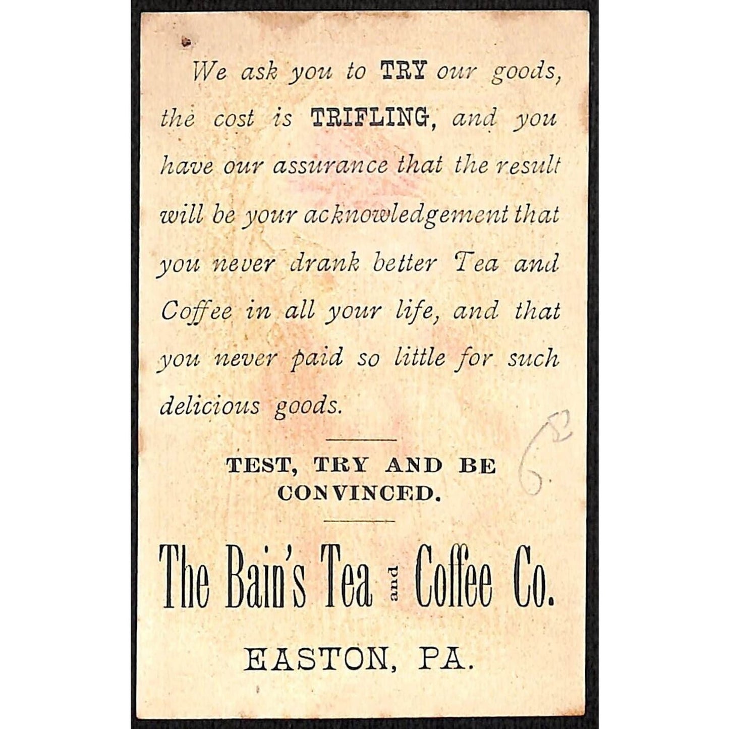 Easton, PA Bain's Tea and Coffee Co. Victorian Trade Card Boy Rifle Mountains