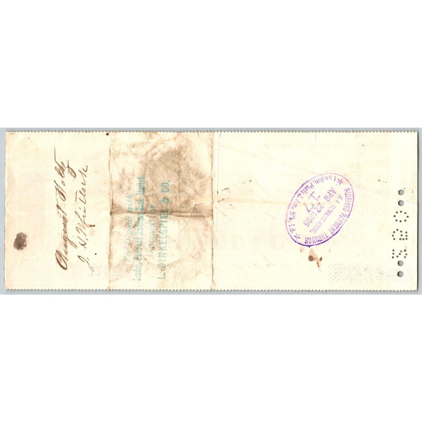 Bank of La Porte Check August Holtz 1883 Mining Vignette RN-G1 Rev Stamp #11464