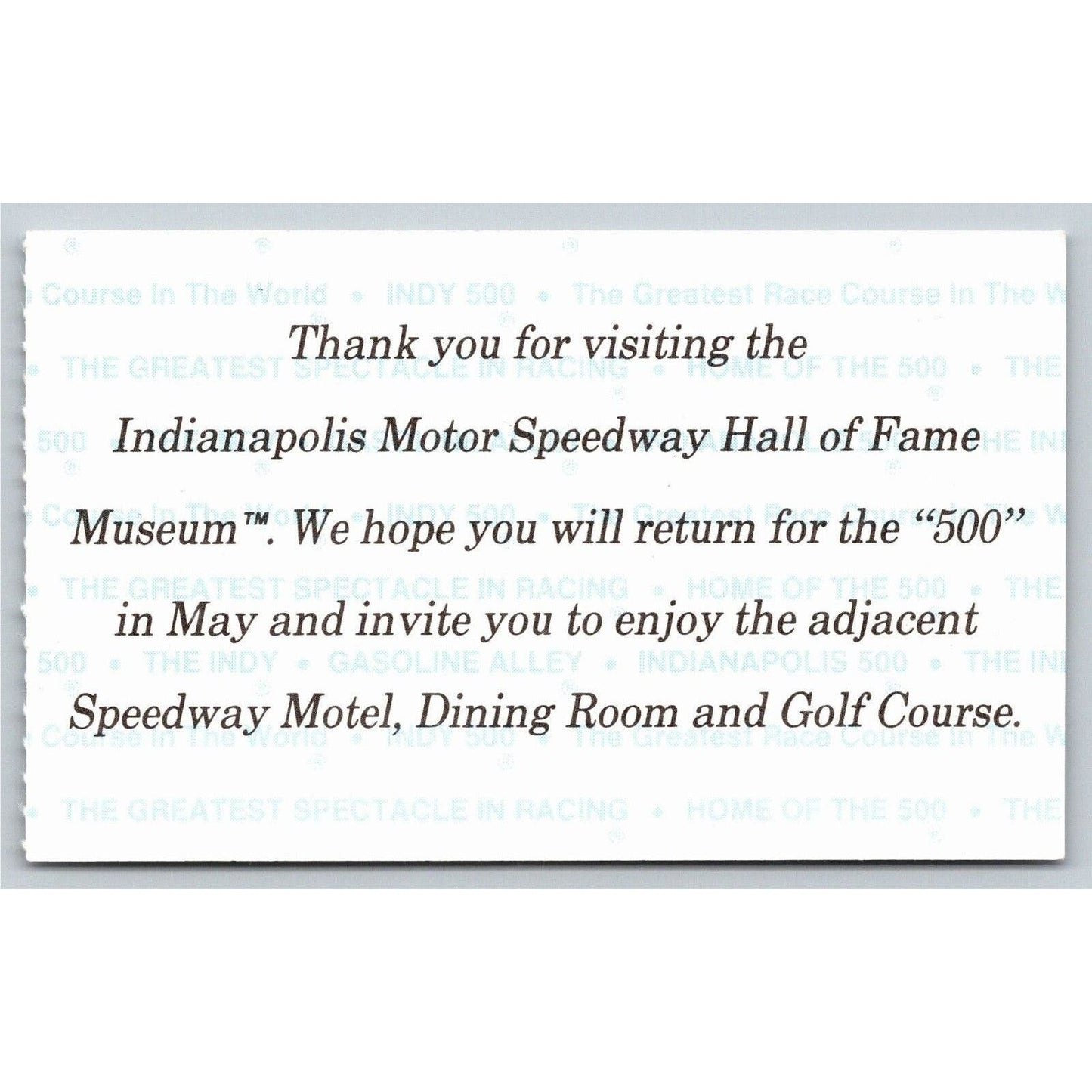 c1980's Indy 500 Hall of Fame Museum Ticket Stub Card Indianapolis #94251