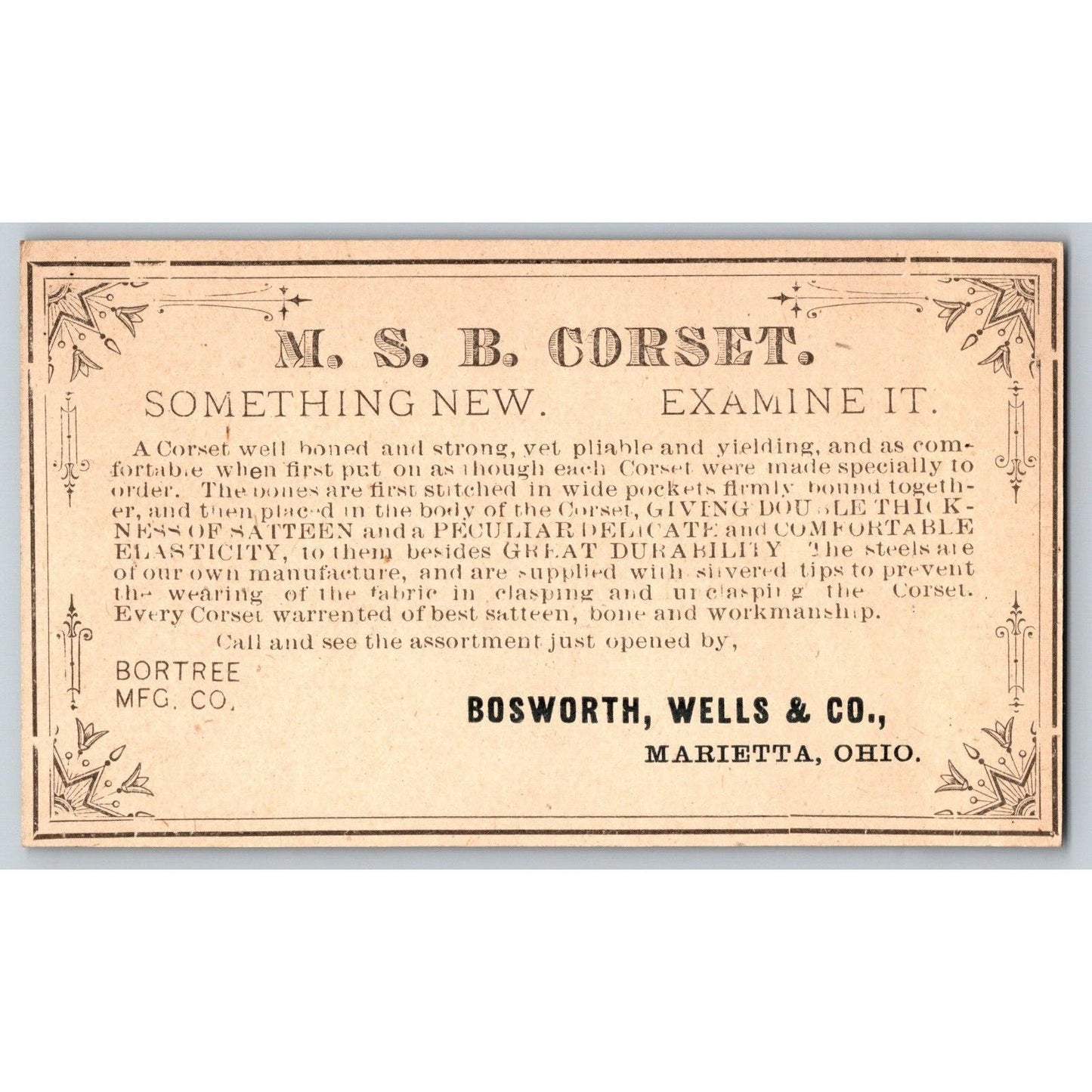 Bosworth, Wells & Co. MSB Corset Marietta, OH Victorian Trade Card Roses