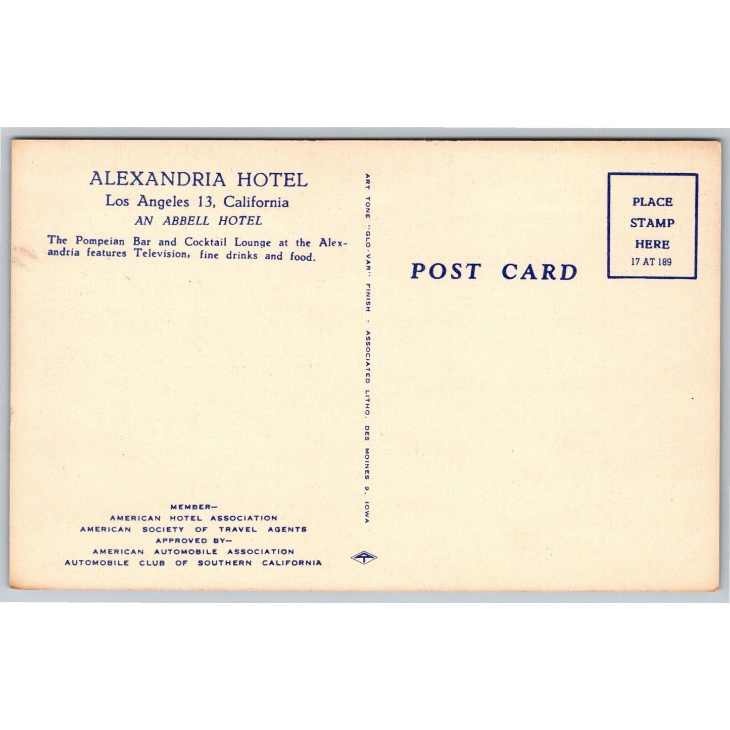 Alexandria Hotel Pompeian Bar Cocktail Los Angeles Linen Postcard c1945-50 VGC