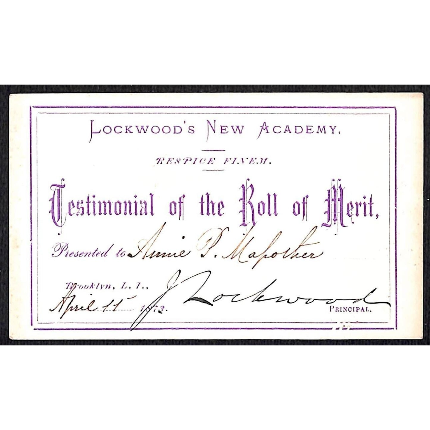 Brooklyn Lockwood New Academy Victorian Merit Card Signed 1873 Partridge Vine