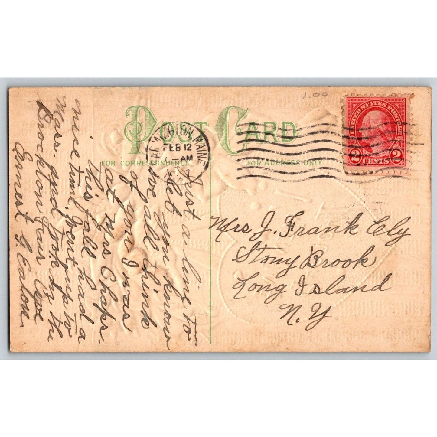 Valentine's Day Postcard "Greeting" Embossed Heart Floral PM 1917
