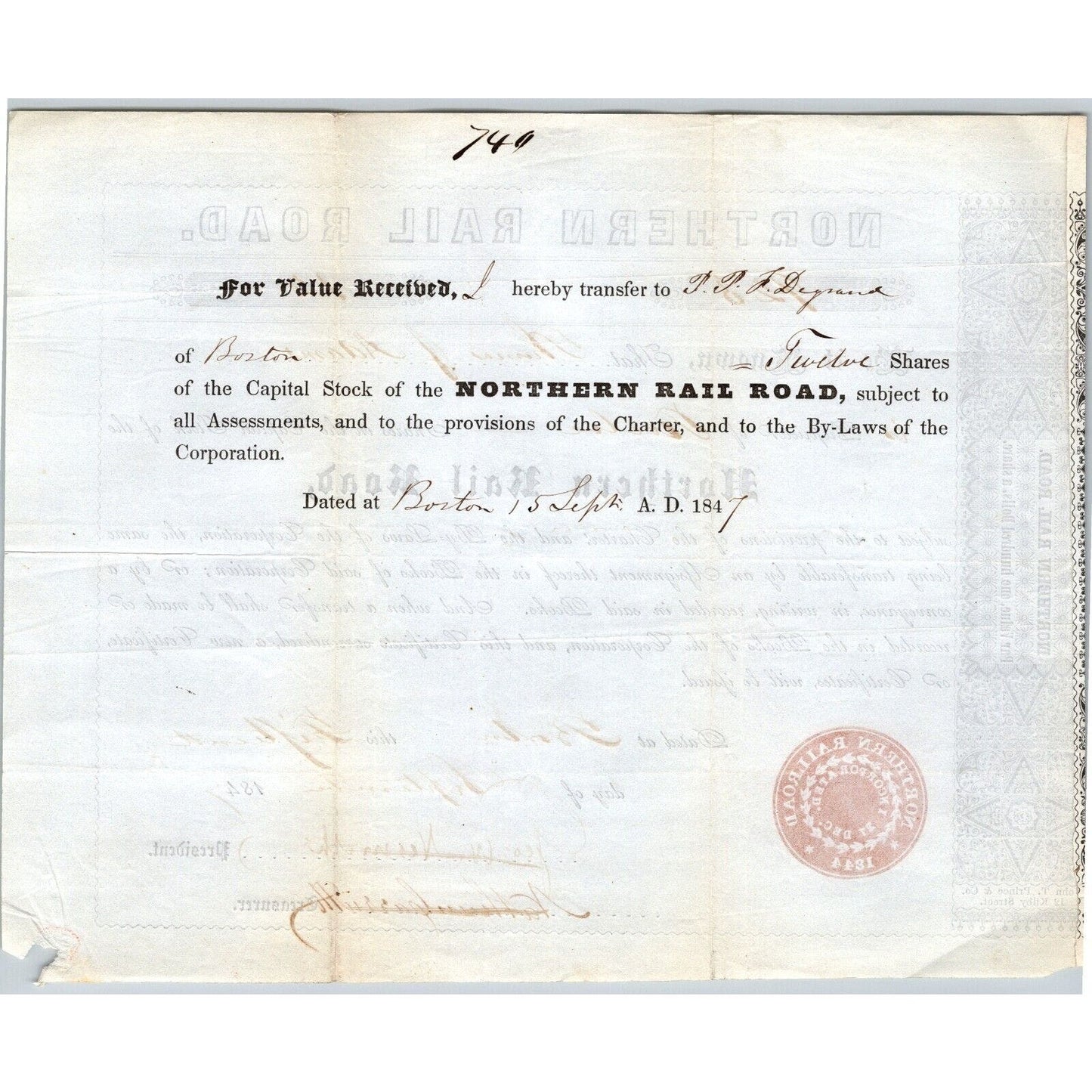 1847 Boston, MA Northern Railroad Stock Certificate No. 923 for 12 Shares
