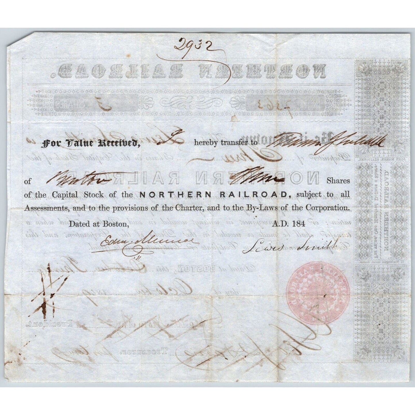 1849 Boston, MA Northern Railroad Stock Certificate No. 7363 for 3 Share