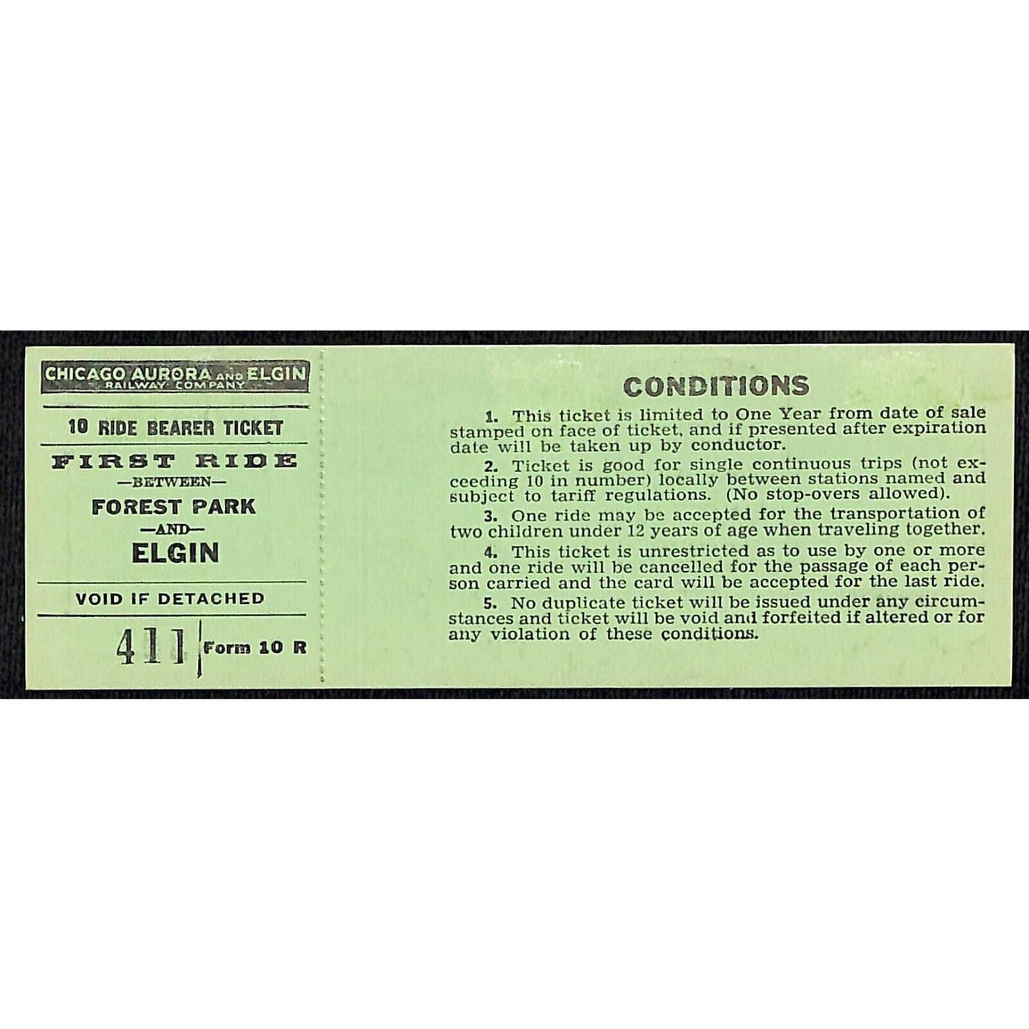 Chicago Aurora and Elgin Railway (1902-57) Unused 10 Ride Ticket Elgin / Forest