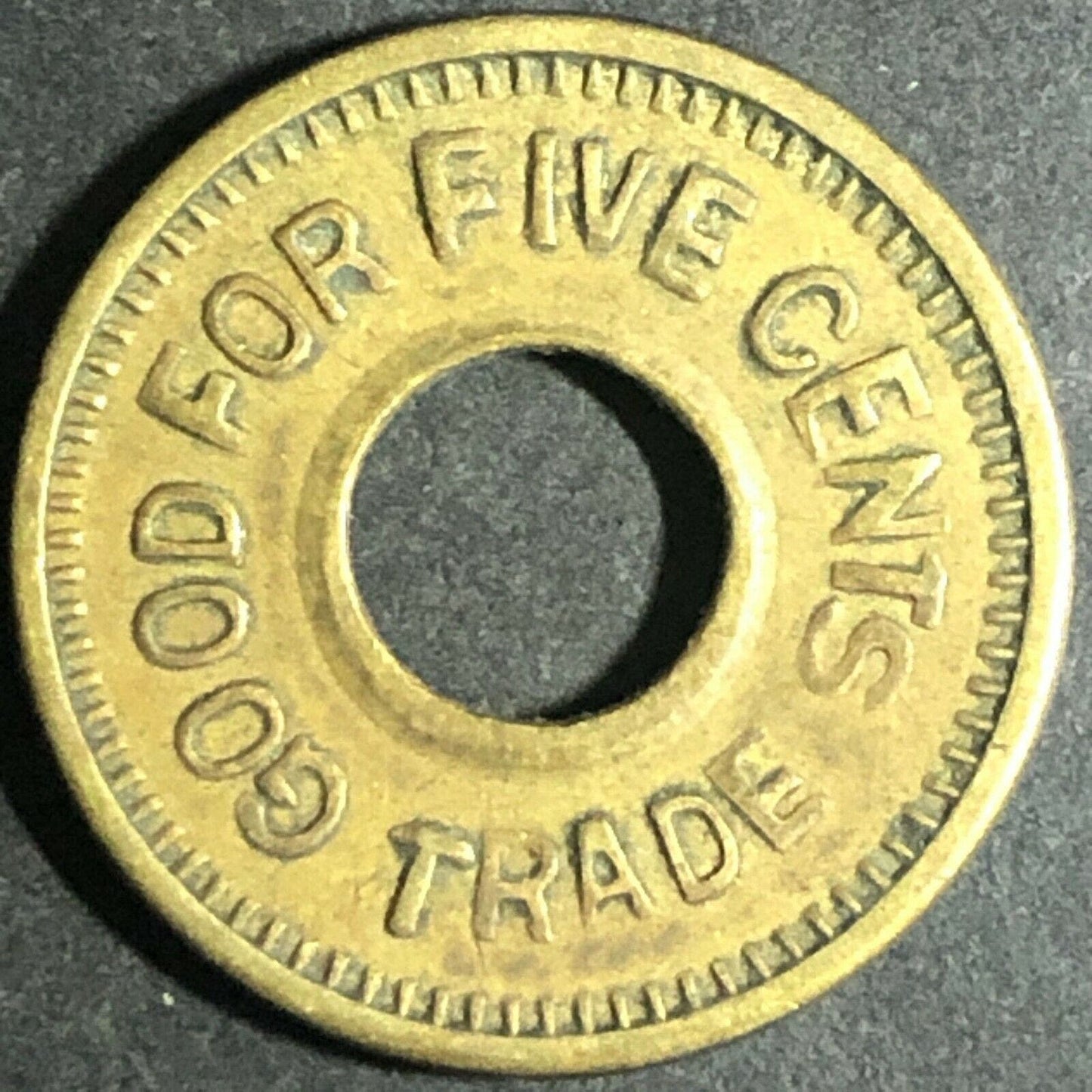 Vintage 21mm Brass "Liberty Bell Good For 5c Trade" --- Donut Token