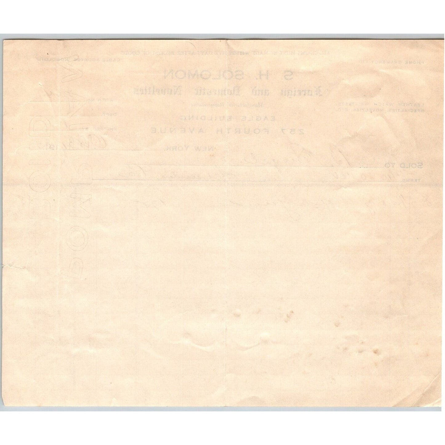 New Yok City S. H. Solomon Foreign and Domestic Novelties 1915 Billhead