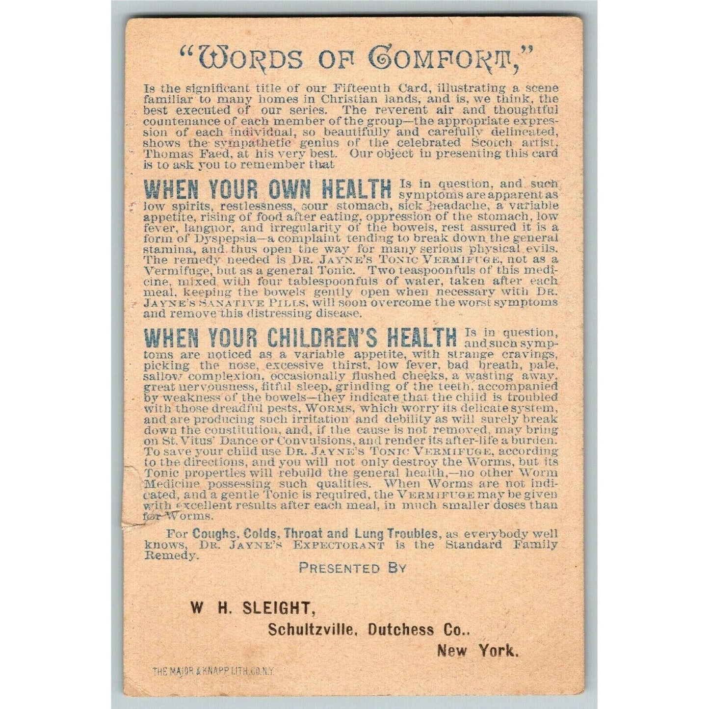 Victorian Trade Card - Dr. Jayne's Expectorant W.H. Sleight Schultzville, NY