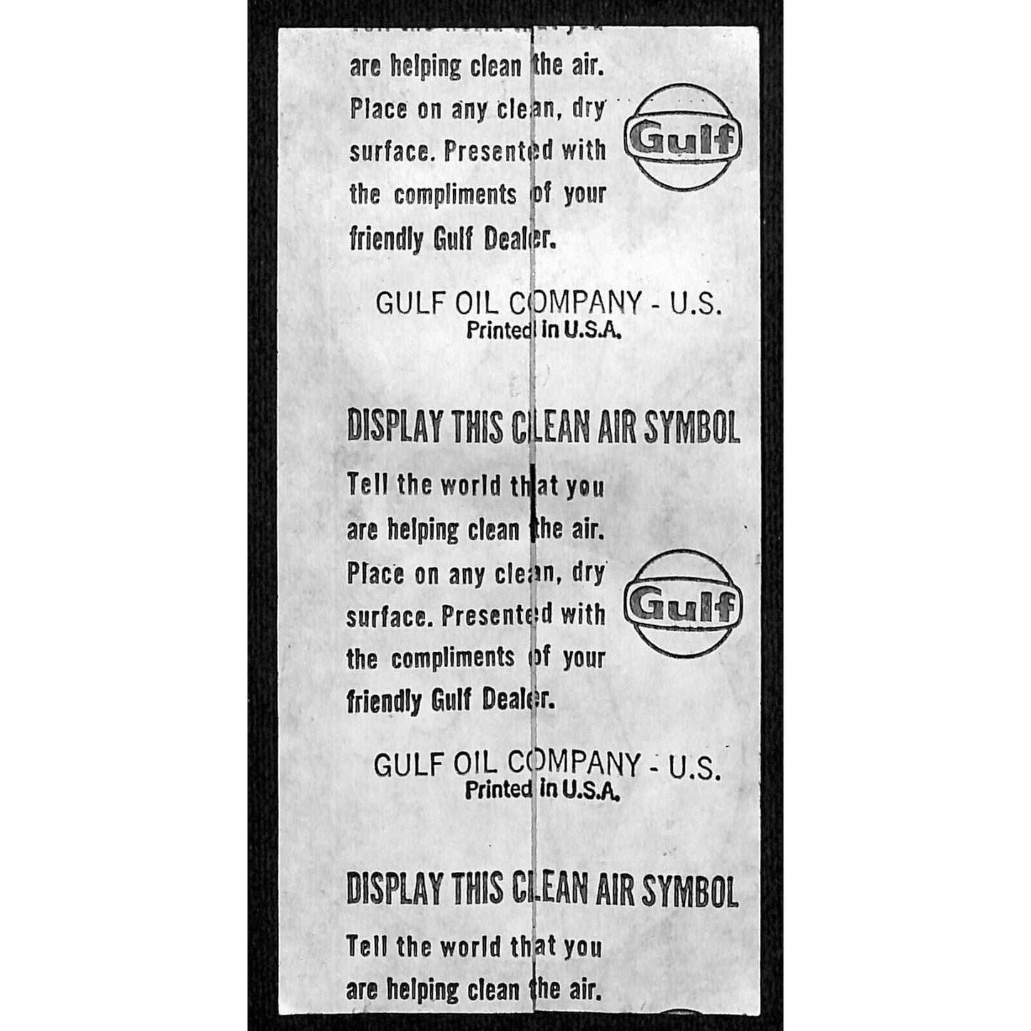 Gulf Oil "Clean Air" Environmental Auto Window Sticker Decal c1968-73