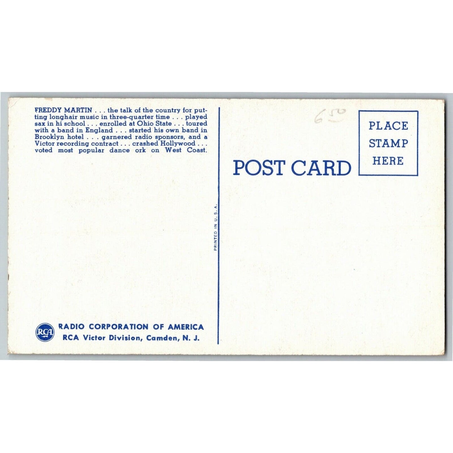 Vintage c1938-48 Postcard RCA Victor Division, Camden, NJ "Freddy Martin"