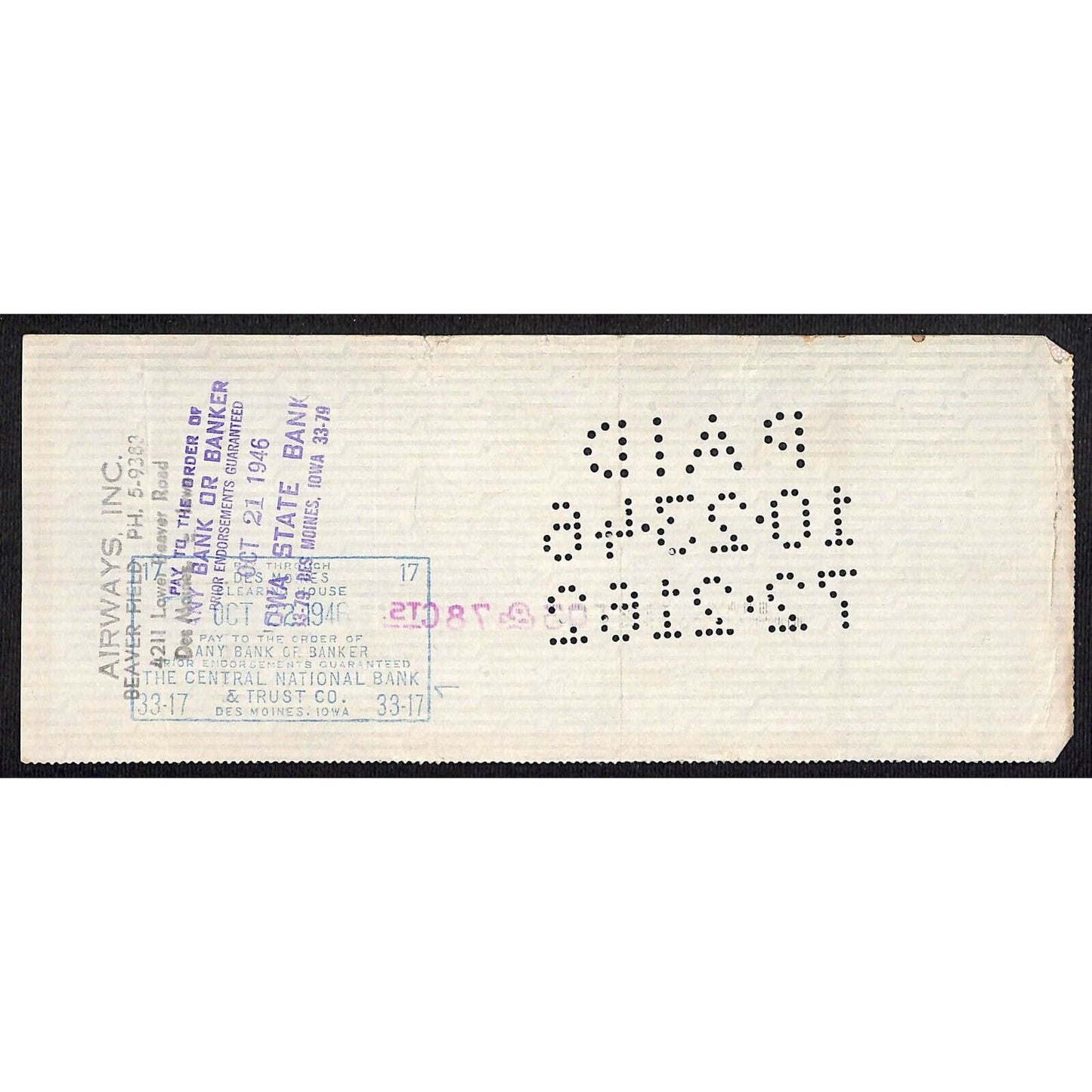 Iowa City, IA Shaw Aircraft Co. 1946 Bank Check w/ Flying Prop Plane Art