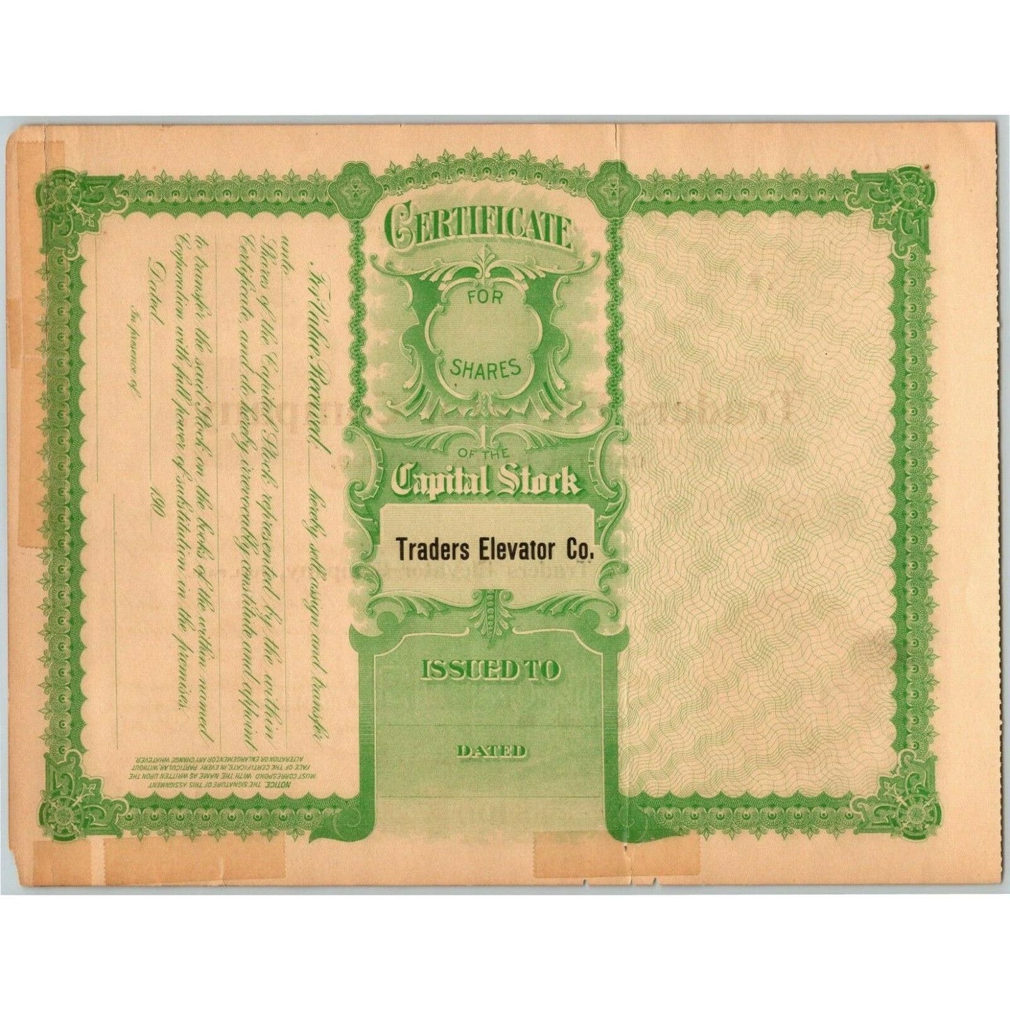 c1900 Stock Certificate "Traders Elevator Company" St. Louis, Mo / Illinois