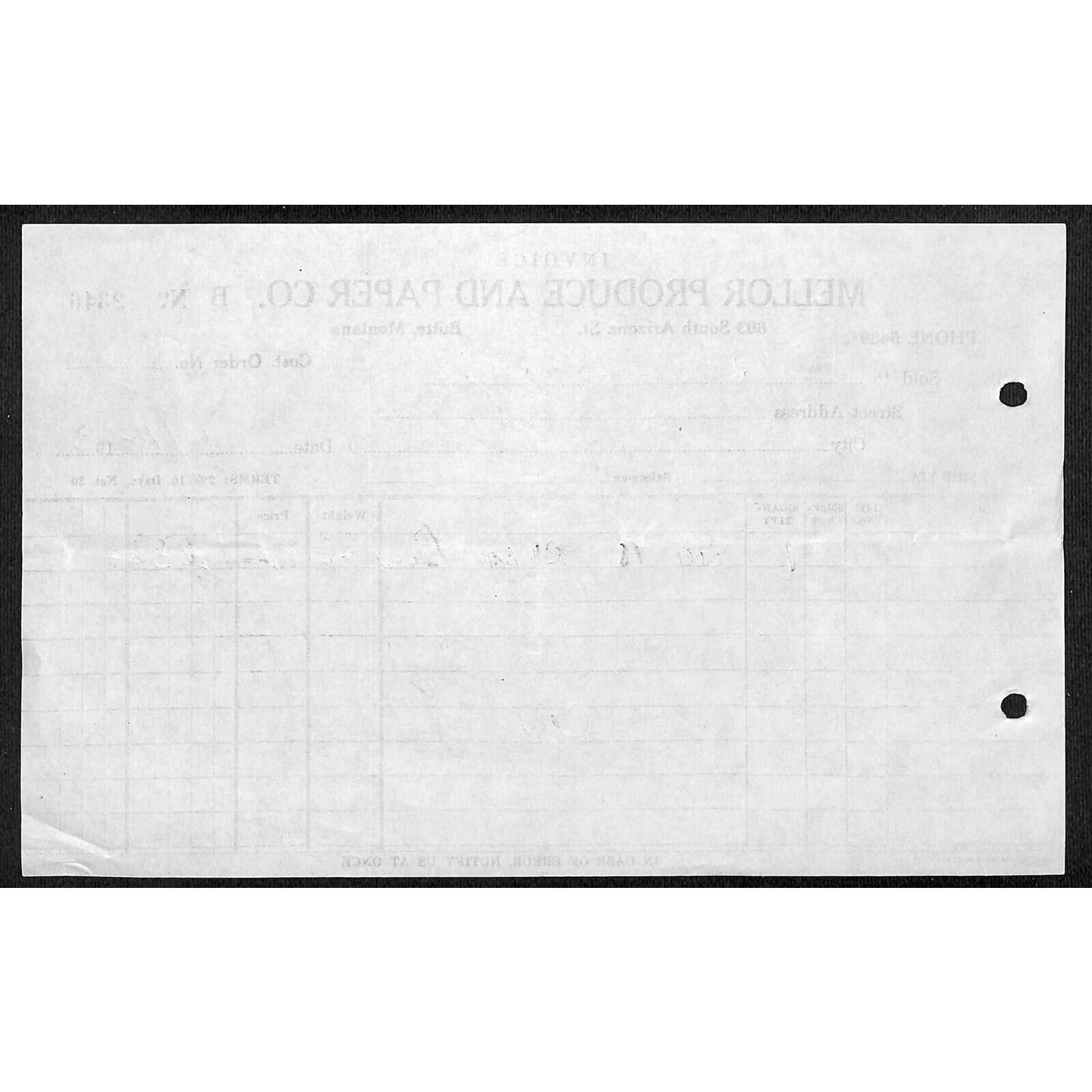 Mellor Produce and Paper - Butte Montana 1933 Billhead Letterhead - Wilson Drug