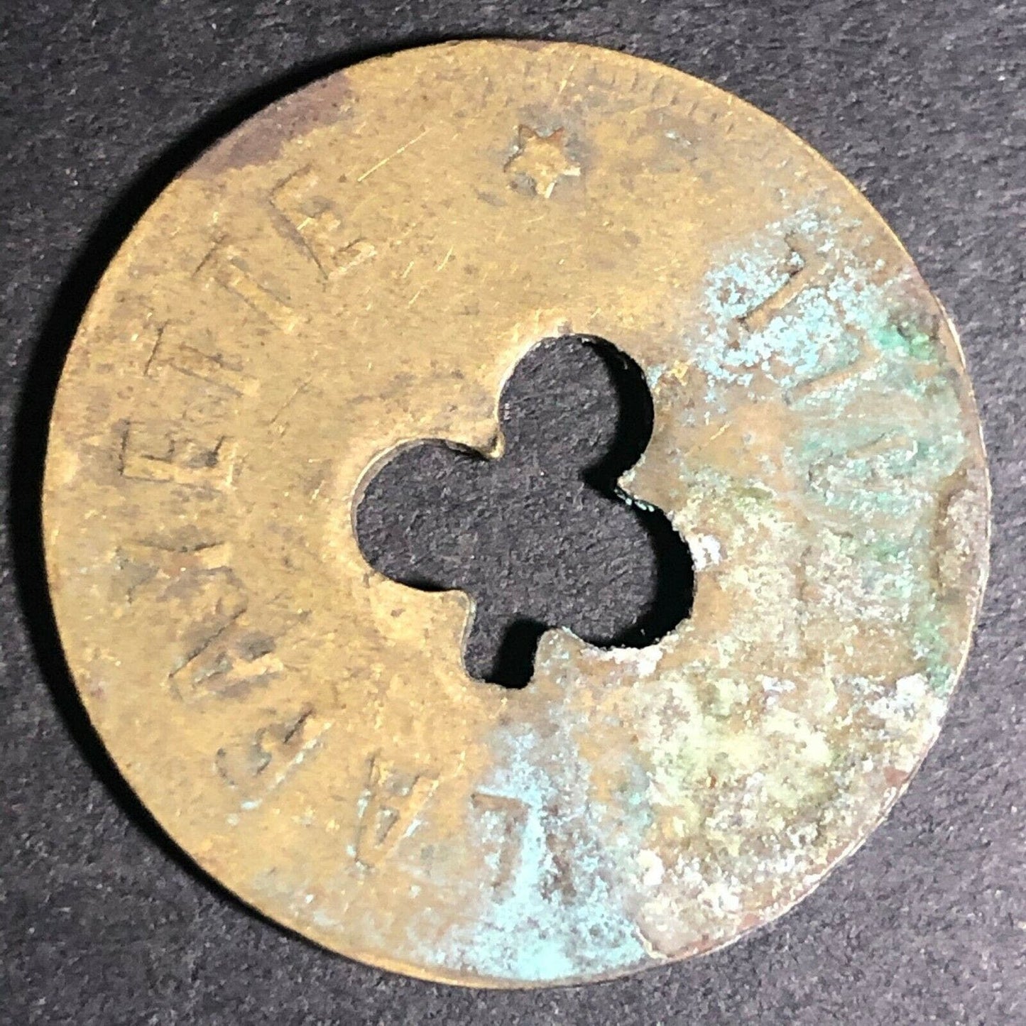 24.5mm Brass Lafayette Hall (Saloon Sacramento, CA) Token Clover Shamrock (#20)