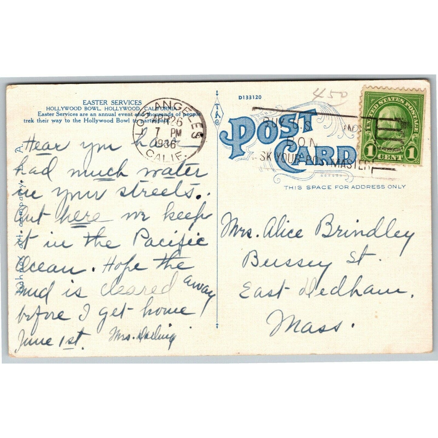 Vintage Hollywood Bowl California Postcard Famous / Easter Service PM 1936