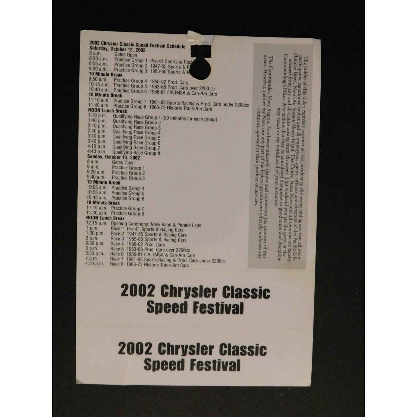 2002 Chrysler Classic Speed Festival Participant Pass - Coronado, CA - Racing