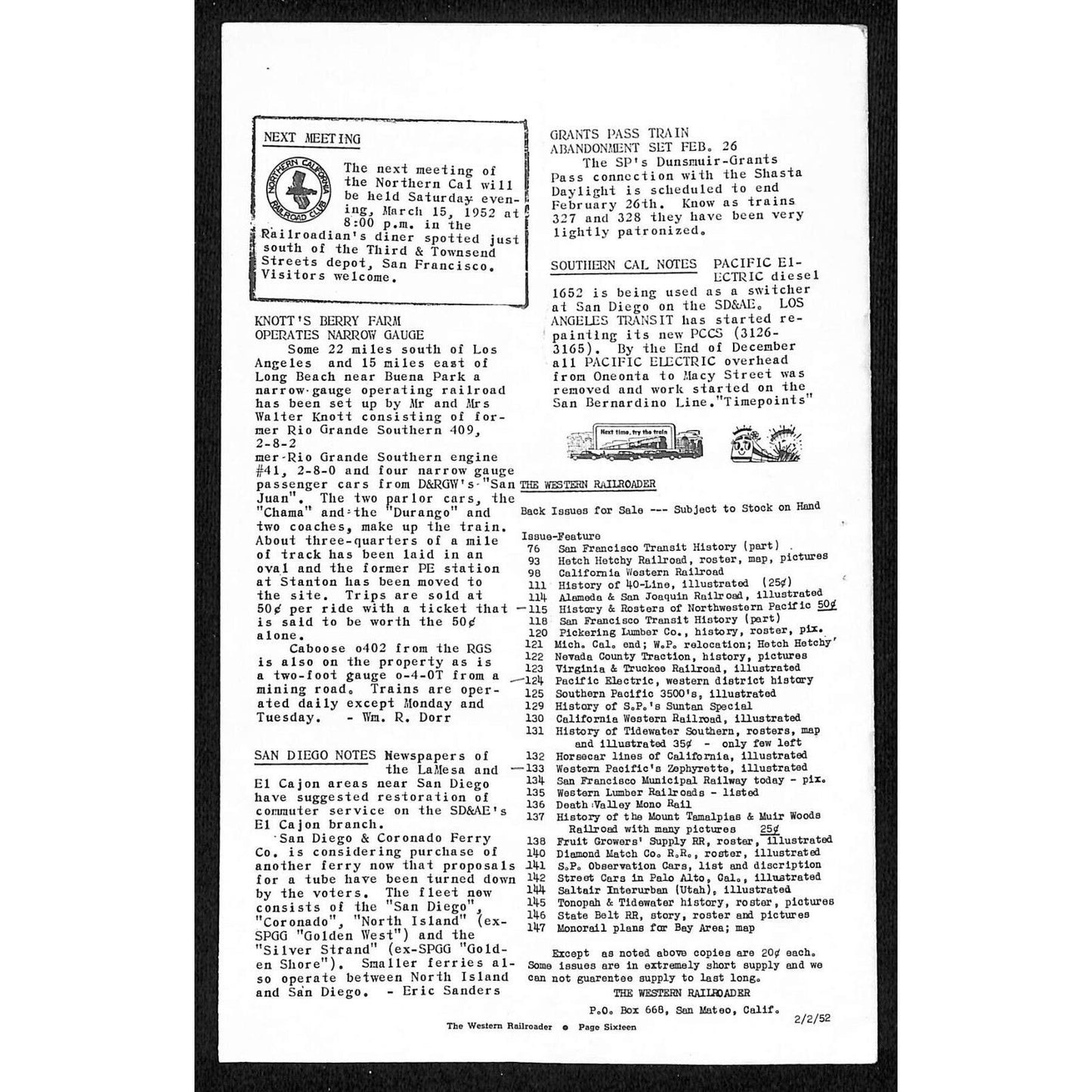 Northern CA Railroad Club's "The Western Railroader" May 1952 Vol. 15 No. 4 16pp