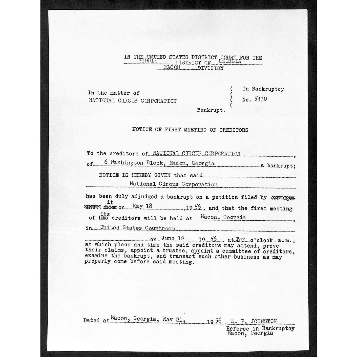 1956 National Circus Corporation Bankruptcy c1956 Copy Pages - 2 Sheets