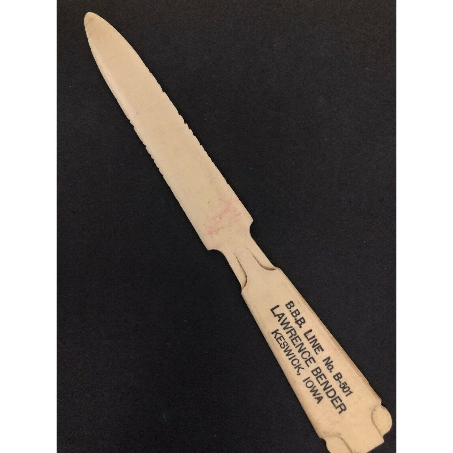 c1930's B.B.B. Line Lawrence Bender Keswick, IOWA Adv. Celluloid Letter Opener