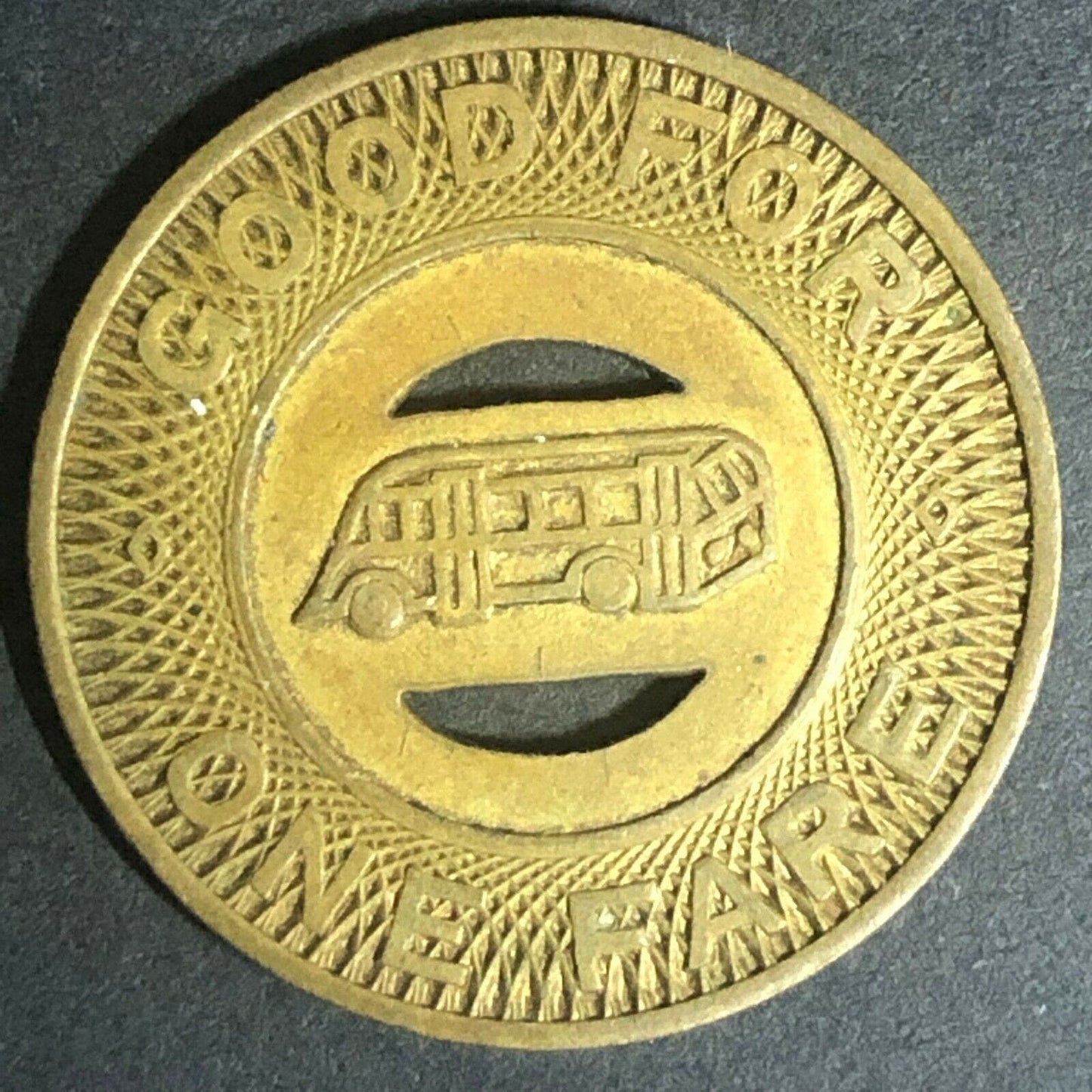 c1940's 23mm Hutchinson Bus & Cab Co. G/F One Fare Brass Transit Token Kansas
