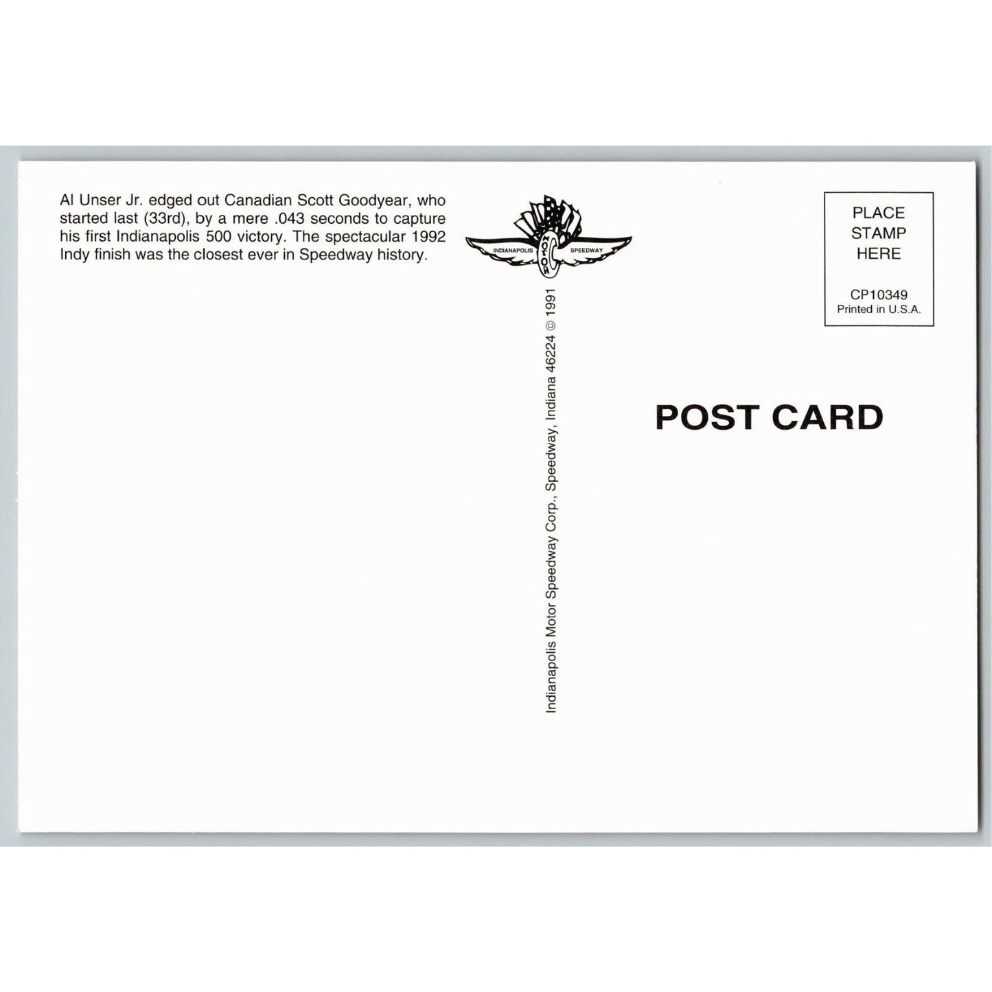 c1992 Indy 500 - Scott Goodyear - Motor Speedway NOS 4" x 5 3/4" Postcard