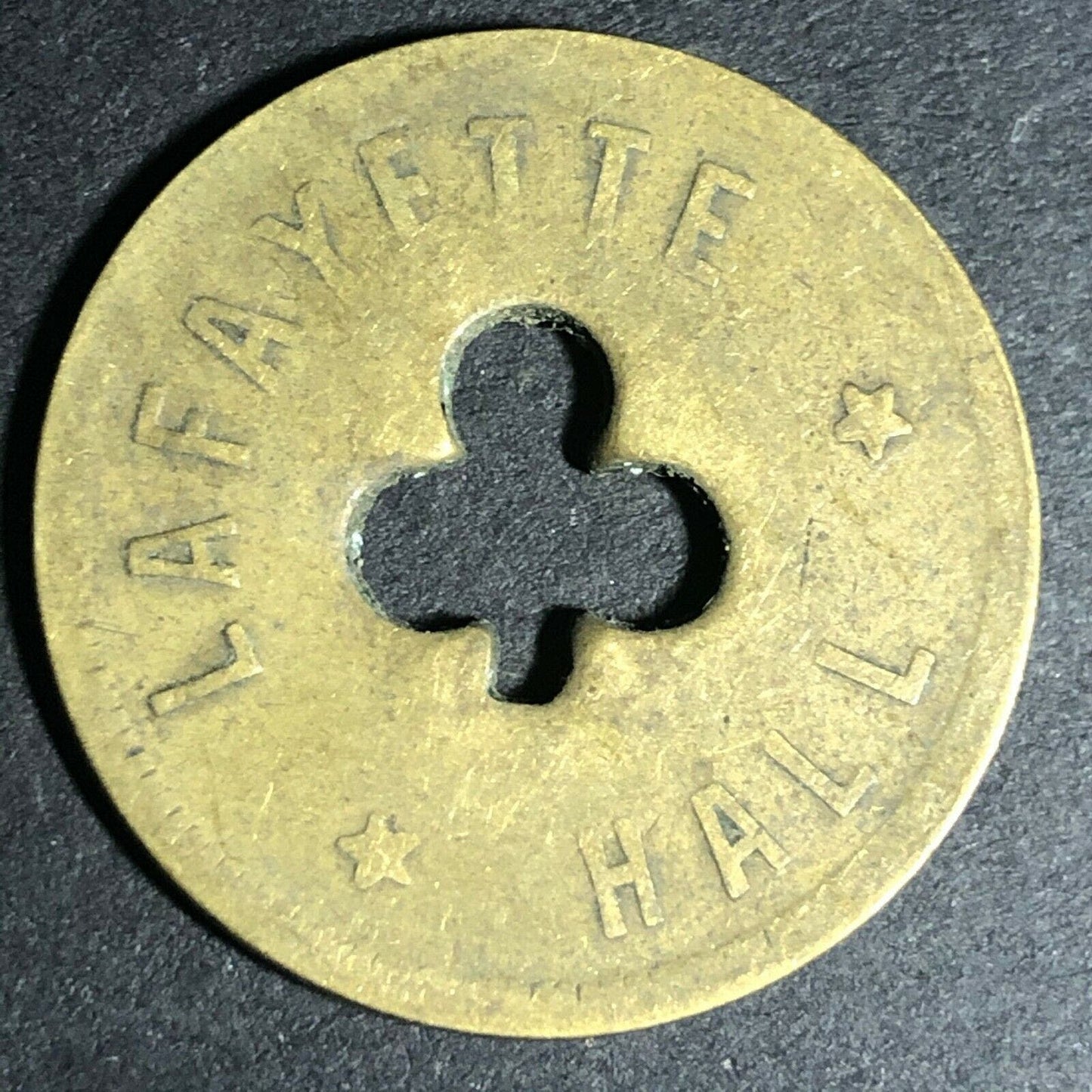 24.5mm Brass Lafayette Hall (Saloon Sacramento, CA) Token Clover Shamrock (#13)