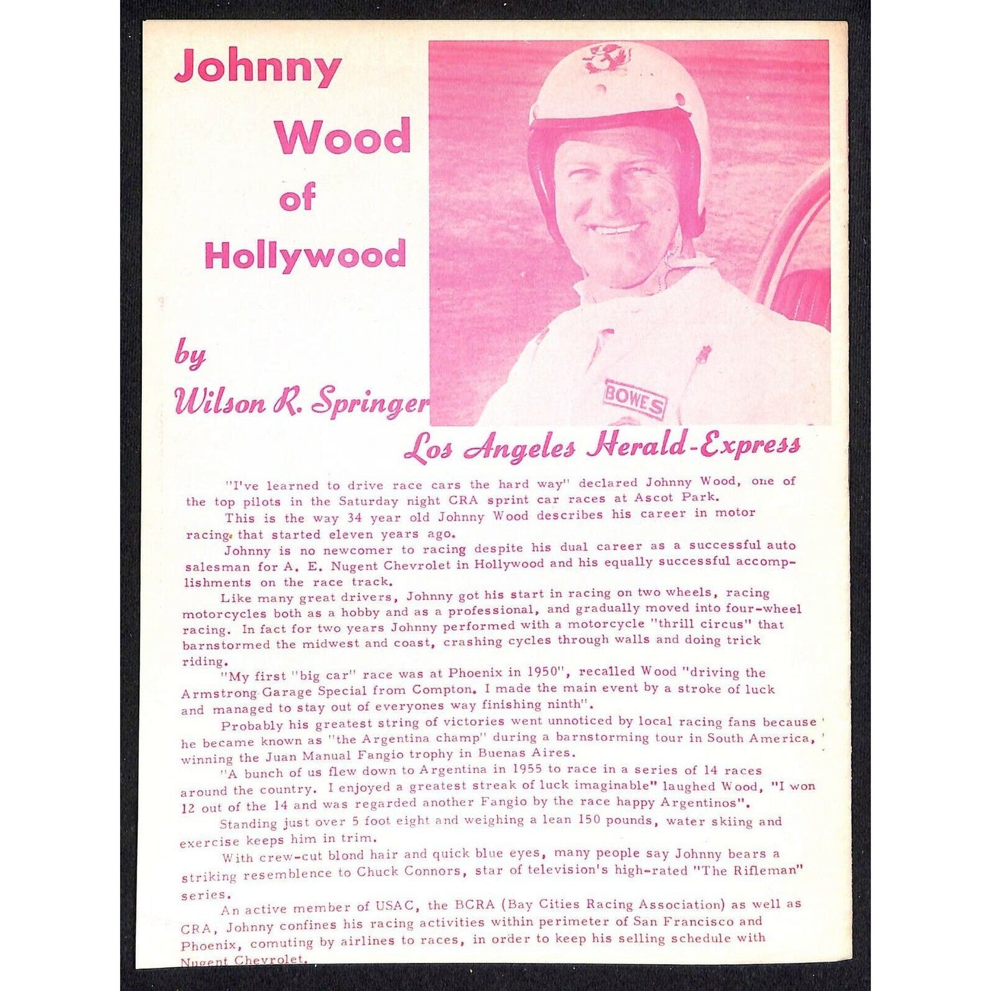 Scarce June 3 1961 Auto Racing CRA Big Car Program Ascot Gardena, CA 12pp