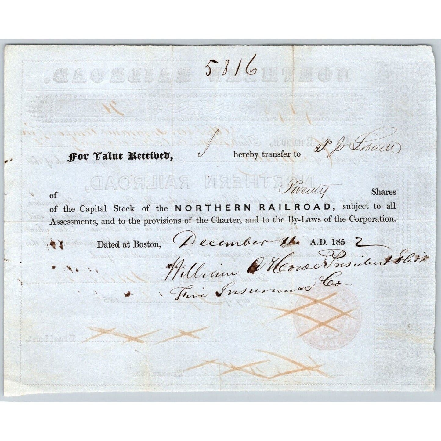 1852 Boston, MA Northern Railroad Stock Certificate No. 9198 for 20 Shares