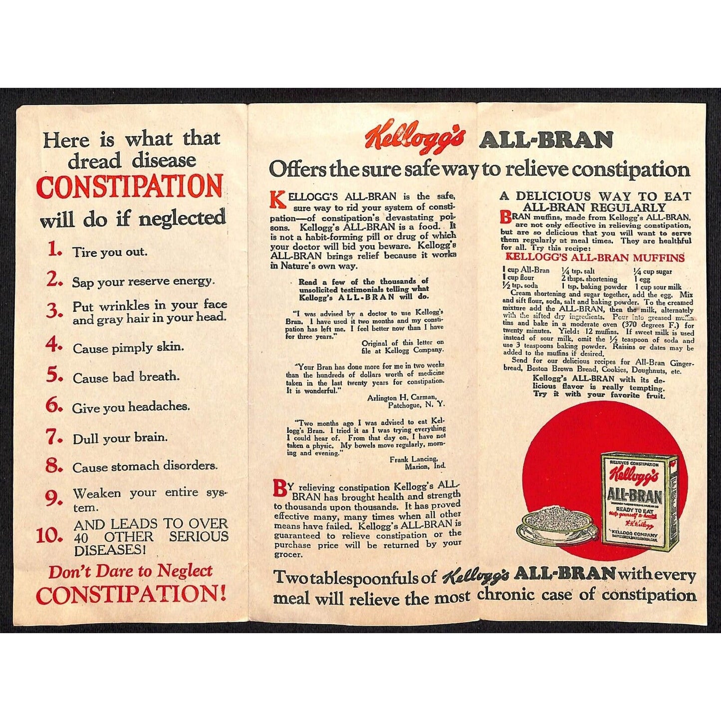 Kellogg's All-Bran for "The Most Chronic Constipation " Pamphlet c1925 Scarce