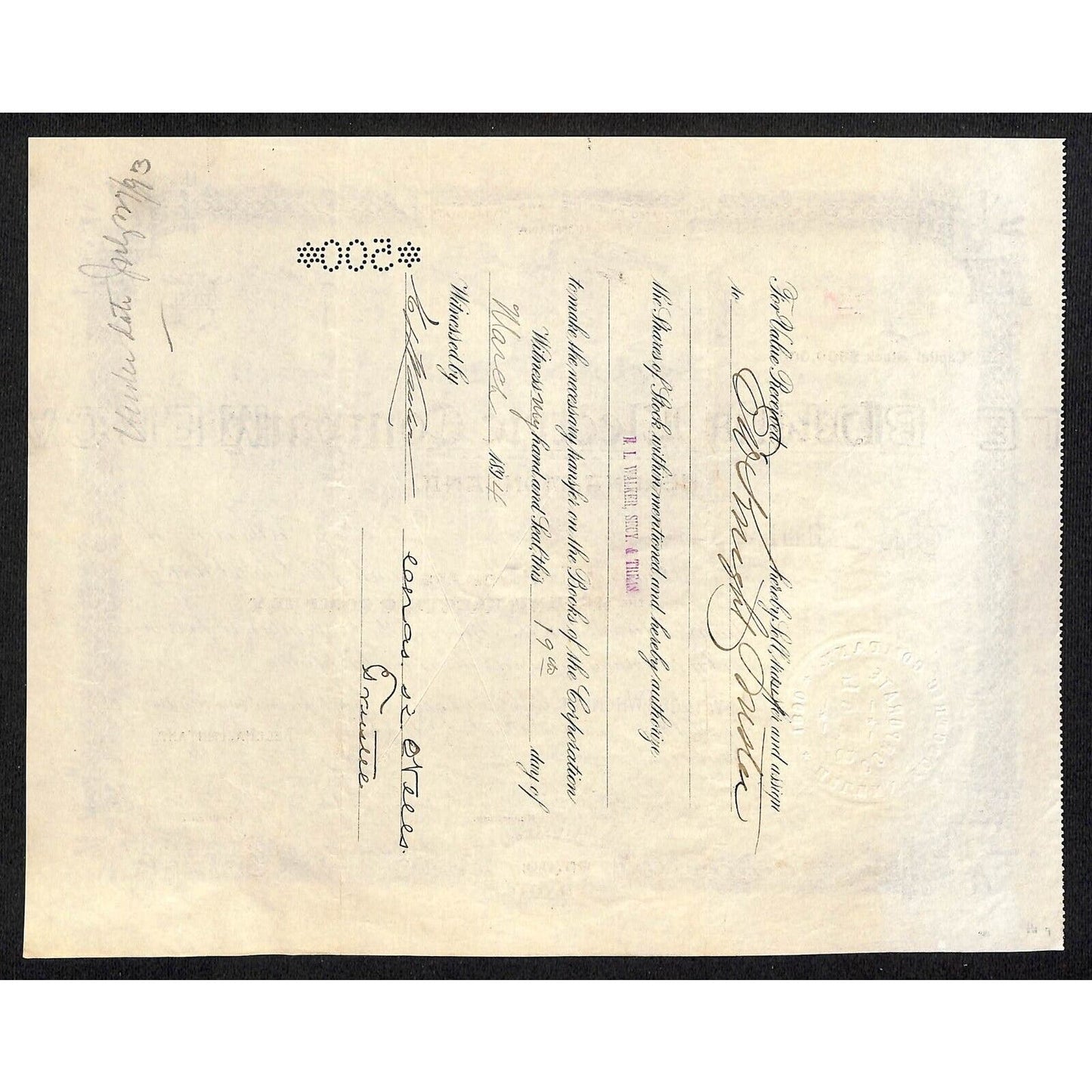 Helena Electric Company Montana 1893 Stock Certificate - 500 Shares