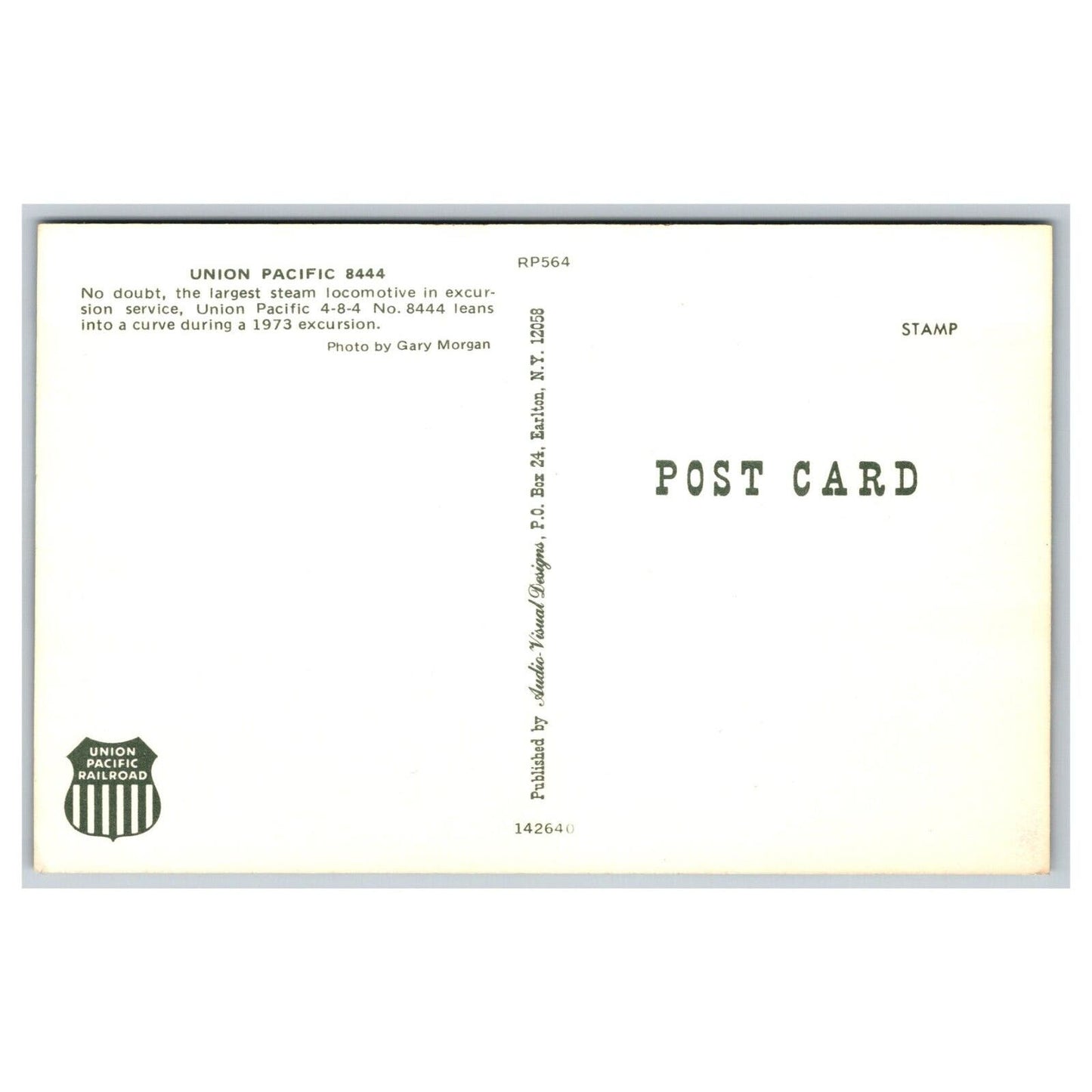 1973 Union Pacific Railroad #444 Postcard w/ Badge Logo Unposted VGC