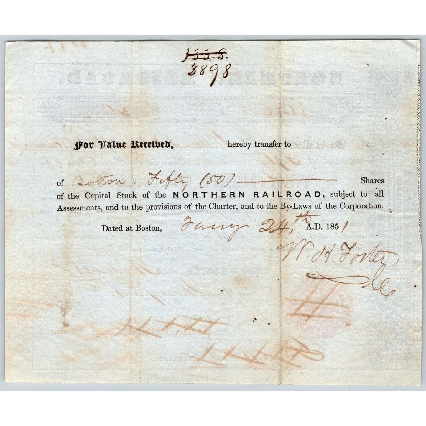 1851 Boston, MA Northern Railroad Stock Certificate No. 8140 for 50 Shares