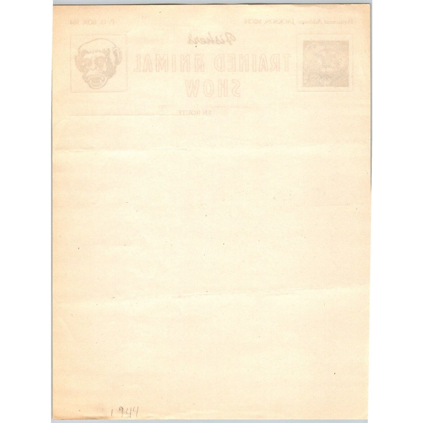 Fisher's Trained Animal Show Circus Letterhead c1944 Jackson, MI Scarce