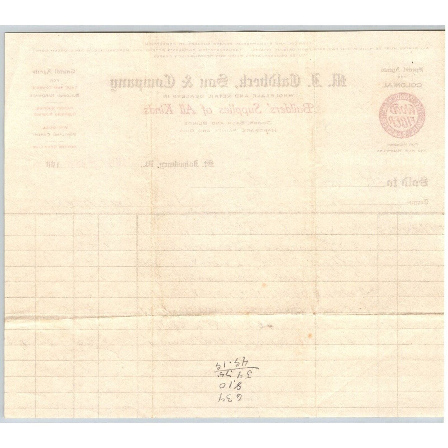 St. Johnsbury, VT M.J. Caldbeck & Co. Builder's Supplies 1908 Billhead Scarce