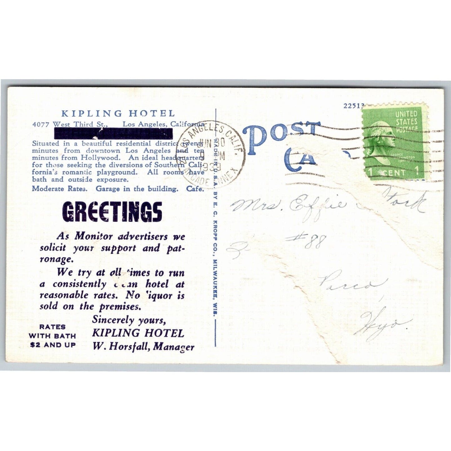Kipling Hotel Los Angeles Linen Postcard Chrome - PM 1939 "Monitor Advertisers"