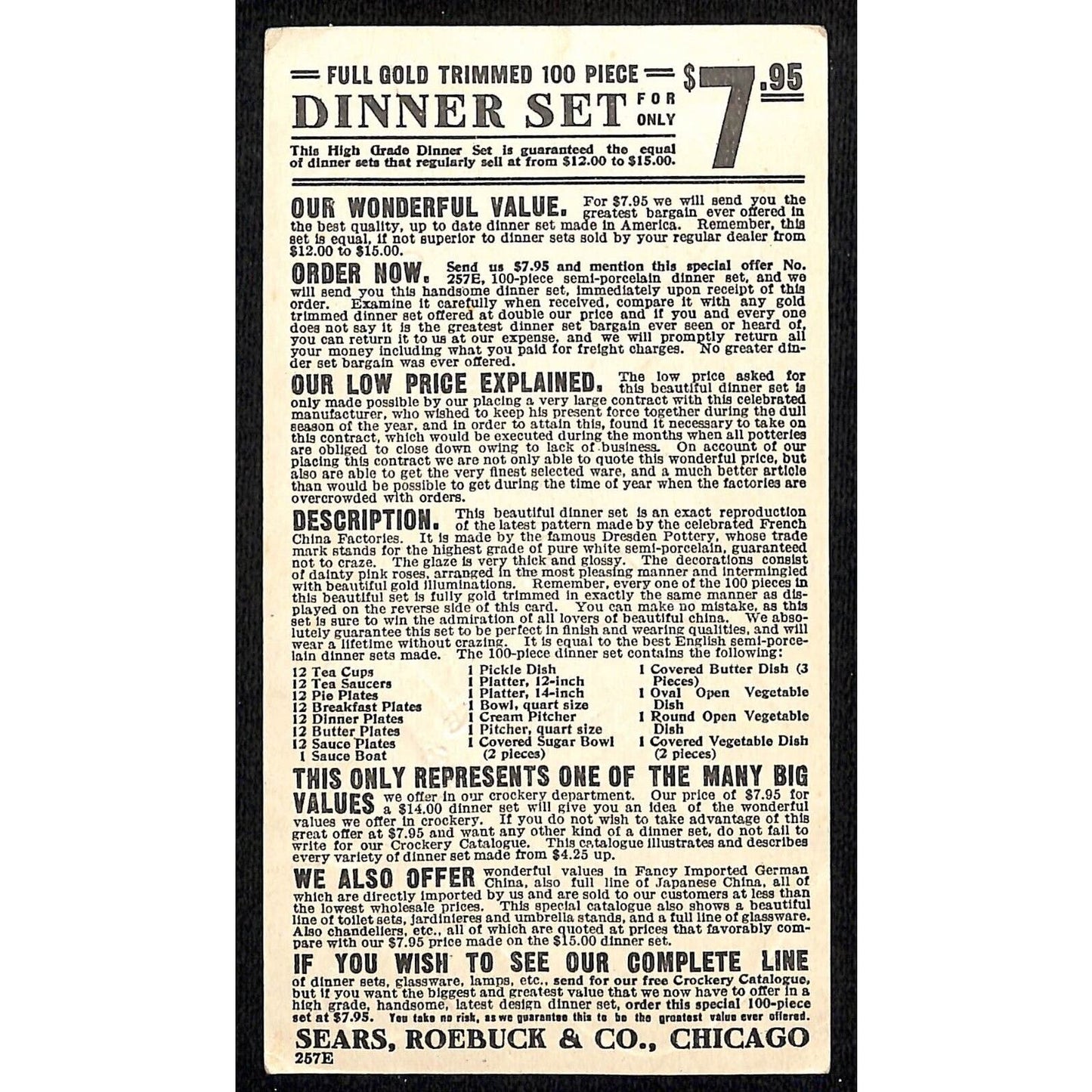 Sears & Roebuck Adv. Trade Card 100 Gold Trimmed Piece Dinner Set $7.95 c1907