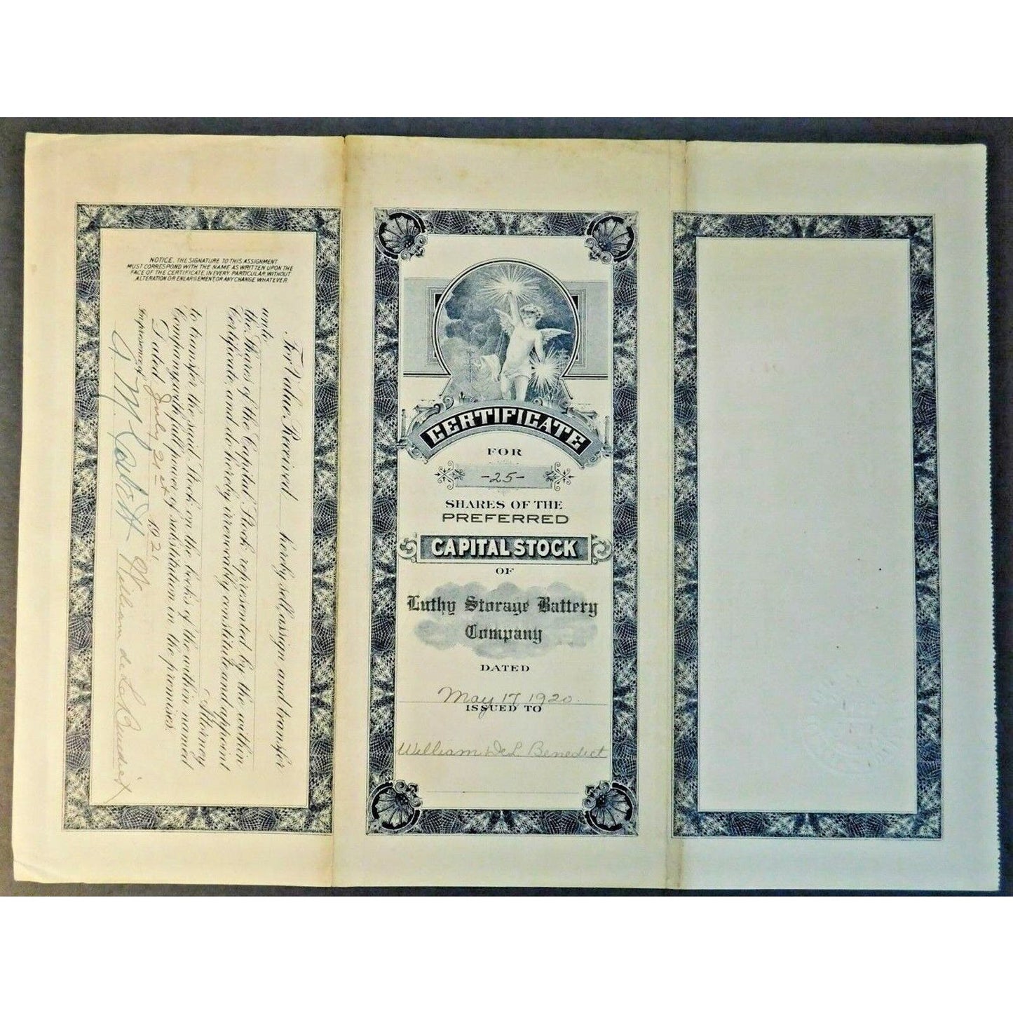 Vintage 1918-20 Stock Certificate "Luthy Storage Battery Co."