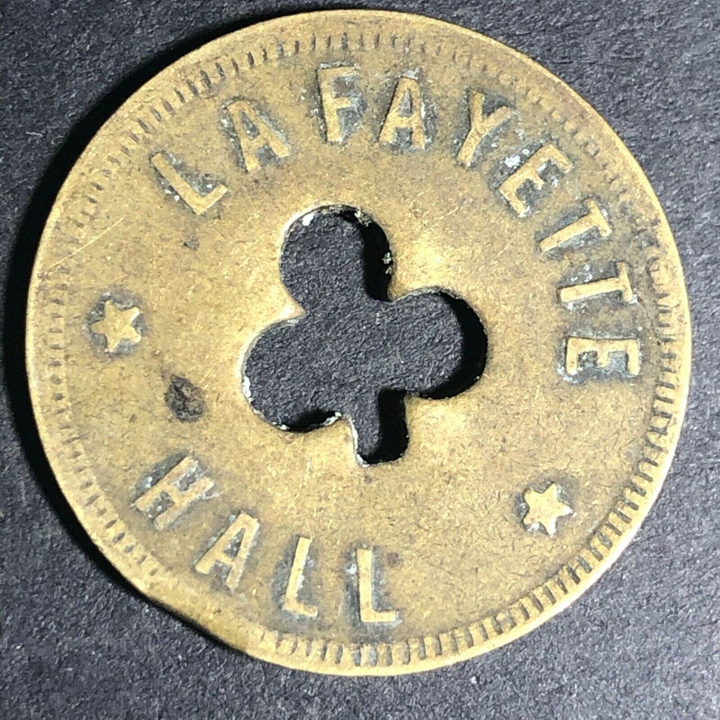 24.5mm Brass Lafayette Hall (Saloon Sacramento, CA) Token Clover Shamrock (#19)