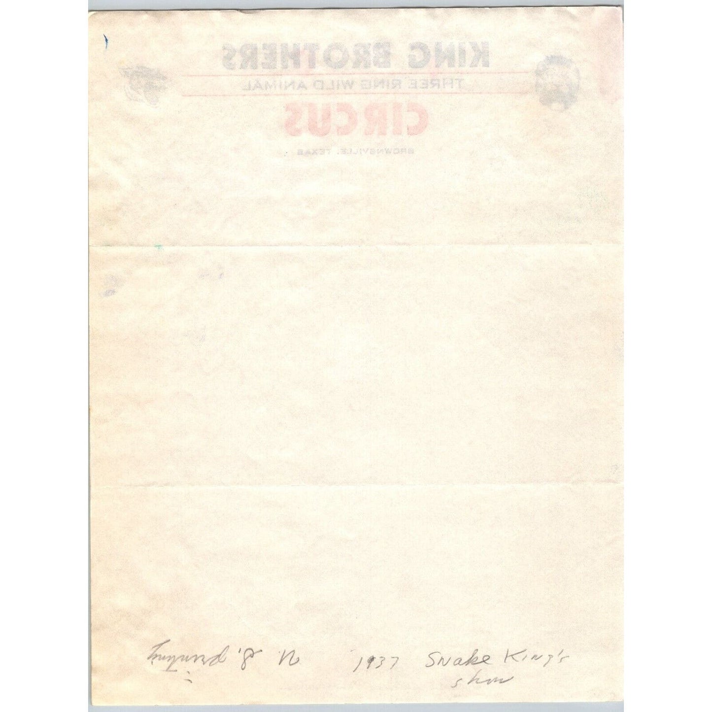 King Brothers Three Ring Wild Animal Circus Letterhead c1937 Scarce
