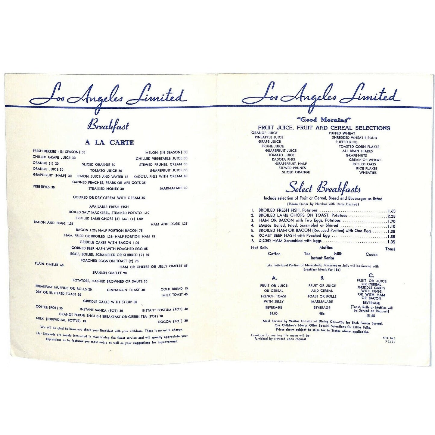 1951 Los Angeles Limited Overland Railroad Dining Car Photo Menu Park Memorial