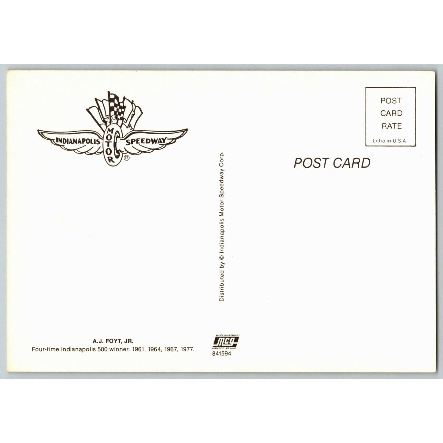 c1983 Indy 500 - A. J. Foyt - Motor Speedway NOS 4" x 5 3/4" Postcard