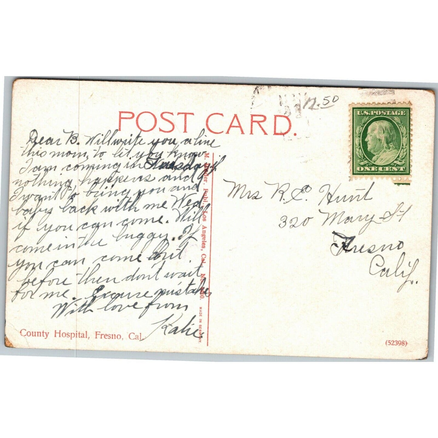 Vintage c1916 Postcard - County Hospital, Fresno, California