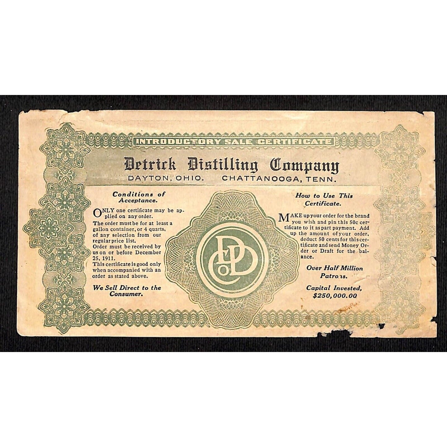 Detrick Distilling Dayton, OH - Chattanooga, TN 1911 Script / Certificate Scarce